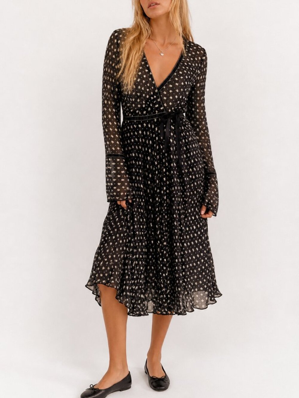 Sheer Black & White Ditsy Floral Pattern Long Sleeve Midi Dress Y2k